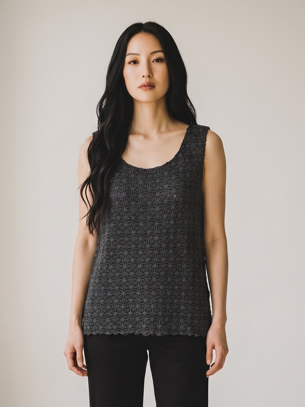 Brittany Black Made in USA Black Lace Pointed embroidered Tank Top